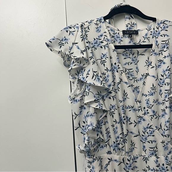 1. SLATE Blue & White Floral Sleeveless Ruffle Midi Modest Dress V-Neck Sz 8 - Picture 2 of 16